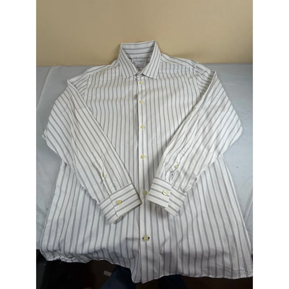 Banana Republic Mens Fitted Striped Dress Shirt White Blue Brown 100% Cotton L